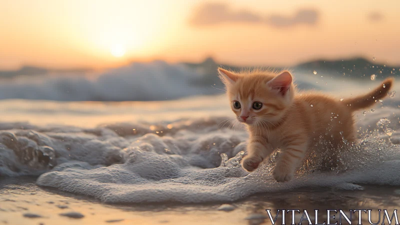 Golden Kitten Racing Through Sunrise Beach Waves