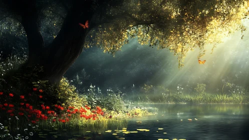 Sunlit forest pond glows softly beneath drifting butterflies