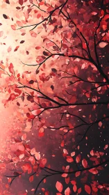 Red autumn tree branches against warm glowing background.