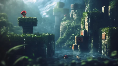 Game hero surveys mossy ruin platforms in misty gorge.