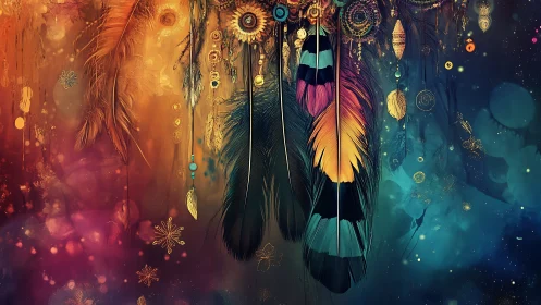 Multicolored feathers and circular ornaments hang in dense layers