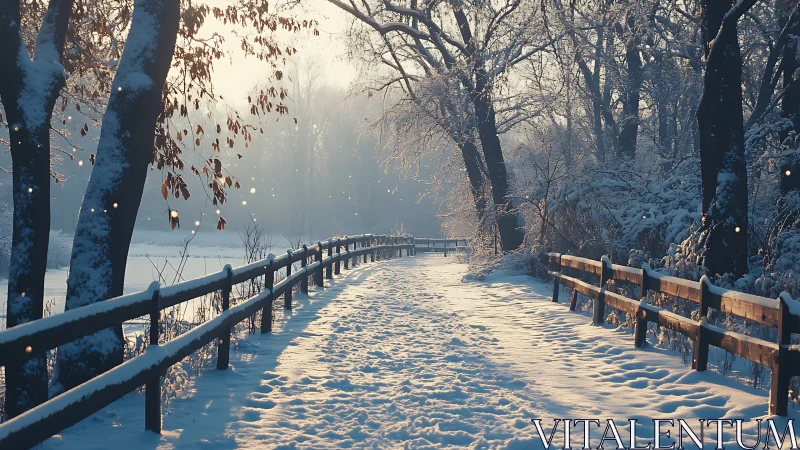 Snow-laden woodland path with low-angle winter illumination.