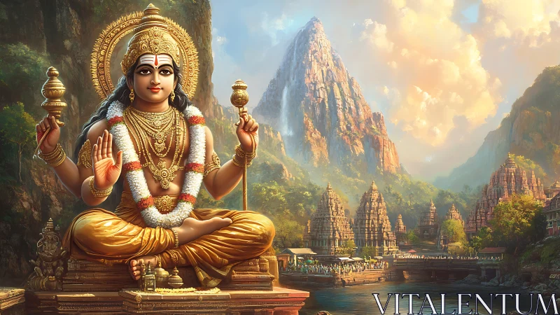 Ornate Hindu deity statue dominates riverfront temple landscape