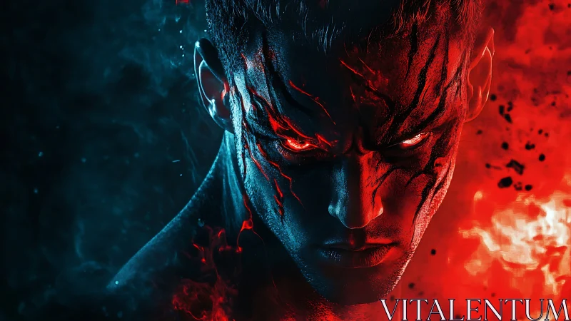 Fierce elemental warrior stands between icy blue and raging fire