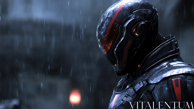 Armored futuristic soldier stands in rain with reflective visor