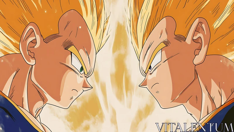 Symmetrical Super Saiyan duel rendered in dynamic cel-shaded anime