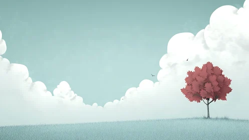 Minimalist landscape with red tree and fluffy clouds in pastel tones.