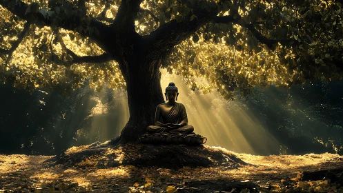 Radiant bronze Buddha under volumetric forest light field.