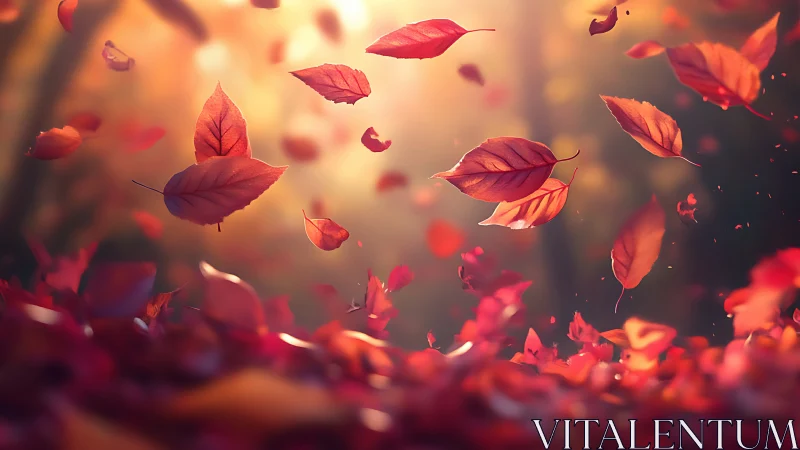 Autumn leaves drift through golden light in a tranquil forest
