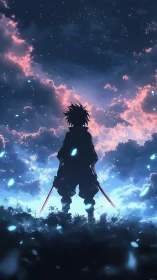 Starlit blade wanderer guarding a storm-bright horizon.