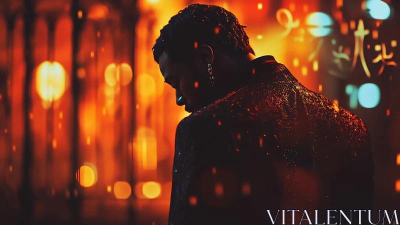 Moody silhouette walks through neon-lit city rain at night.