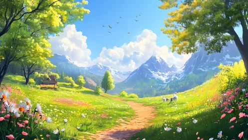 Sunny mountain valley path cuts through blooming wildflower meadow