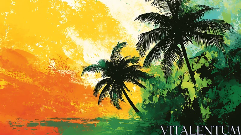 Tropical Sunset with Palm Tree Silhouettes