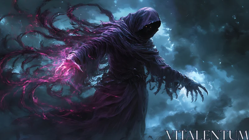 Mysterious hooded mage weaving glowing stormy magic.