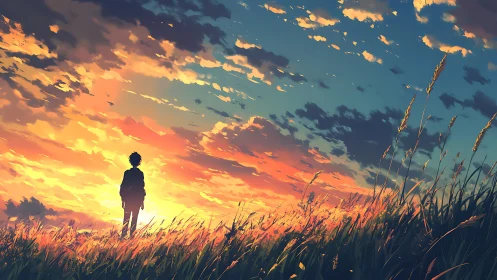 Lone dreamer bathing in wildfire sunset over windlit field.