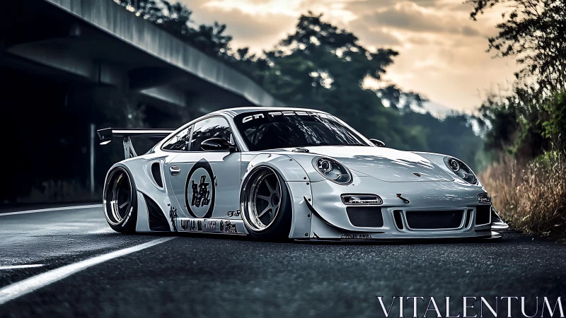 Widebody white Porsche race car prowls a moody empty road