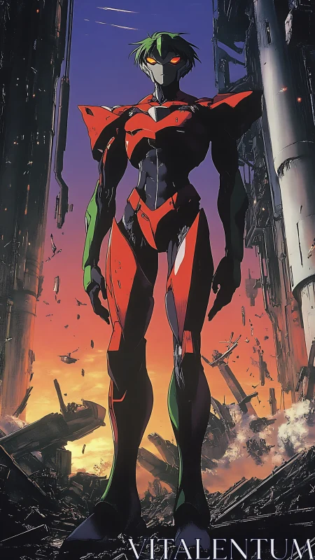 Neon mecha sentinel rises amid burning twilight ruins.