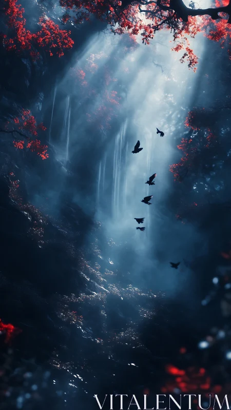 Ravens Rise Through Sapphire Mist Beneath Embered Boughs.