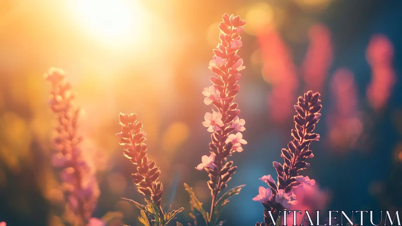 Wildflower spikes glow in dreamy golden evening light