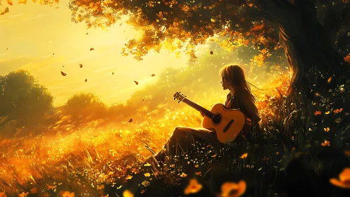 Golden hour guitarist under autumn tree in glowing meadow.