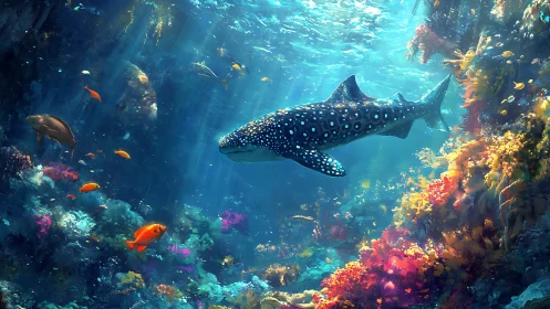 Star-dappled whale shark glides through a neon coral realm.
