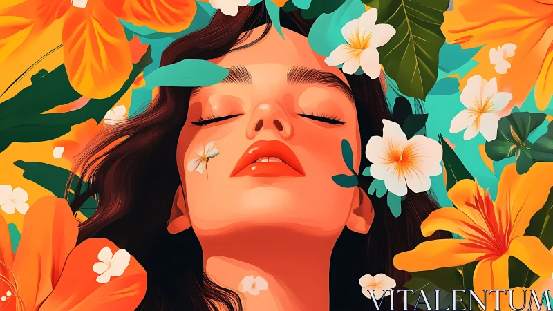 Digital portrait of serene woman amid vivid tropical flowers.