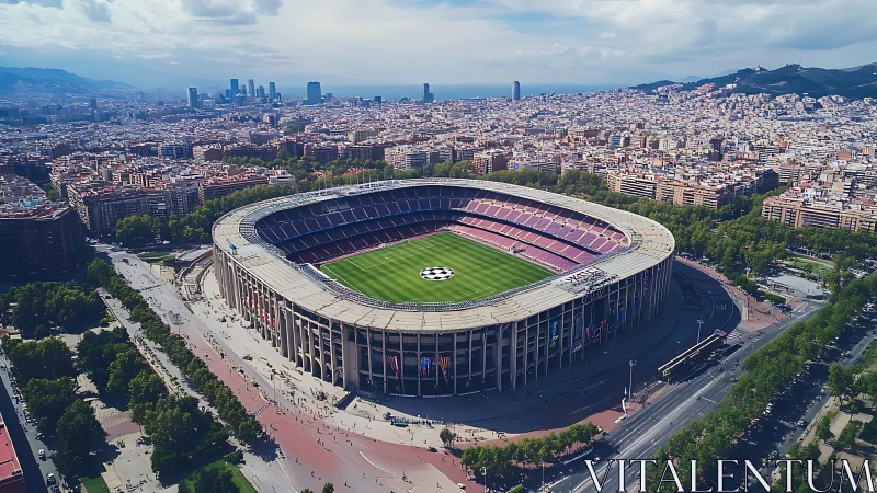 Sunlit city stadium cradled by buzzing Barcelona streets.