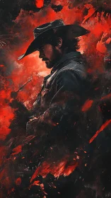 Side-profile cowboy in dark coat within red abstract field.