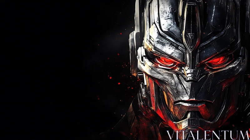 Cybernetic war machine portrait renders molten red optics