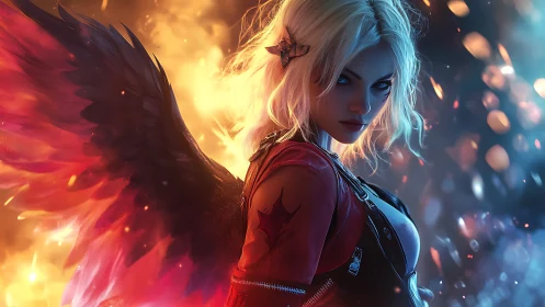 Winged warrior woman in fire and blue embers stares ahead.