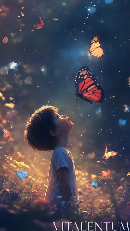 Soft evening magic as a child meets glowing butterflies.