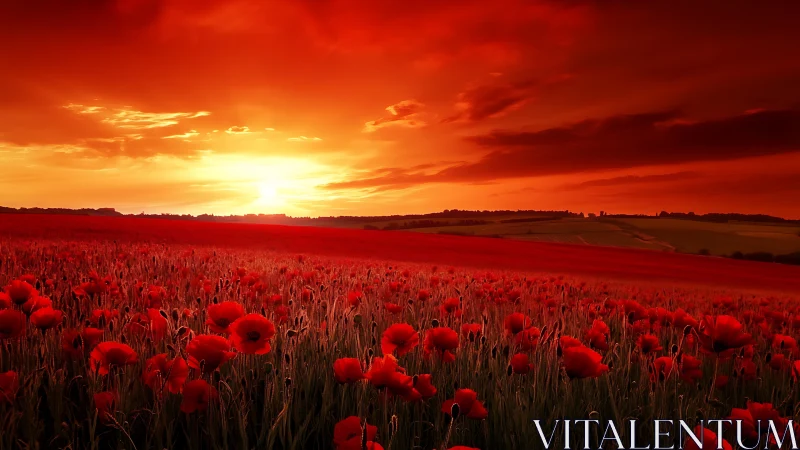 Crimson poppy fields glow gently beneath a fiery sunset sky
