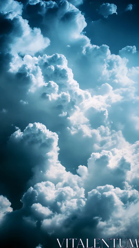 Towering sunlit clouds rise into a deep tranquil blue sky