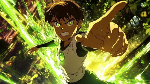 Animated boy extends arm amid green energy in forest scene