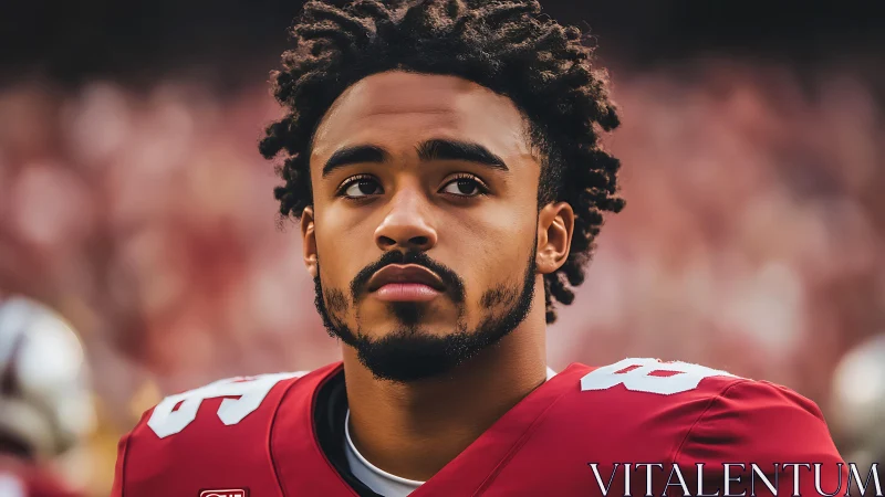 Focused football player in red jersey on stadium sideline.