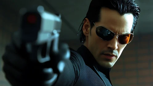 Gunmetal glare freezes time in a neon-drenched standoff.