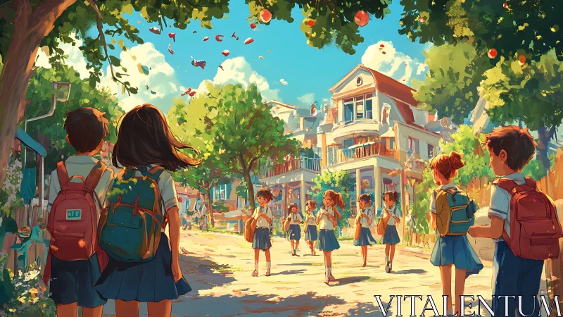 Schoolchildren walking under trees in bright summer street