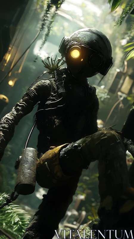 Humanoid robot explorer in overgrown industrial greenhouse.