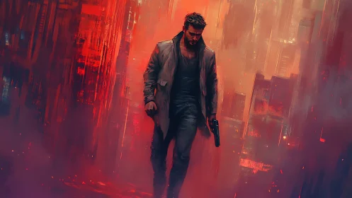 Lone armed figure walks through neon-soaked cyberpunk haze