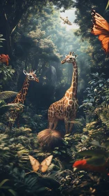 Giraffes and butterflies in cinematic sunlit jungle glade.