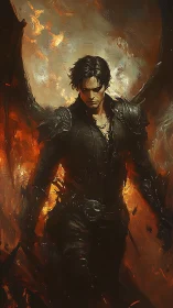 Dark winged warrior in infernal painterly composition.