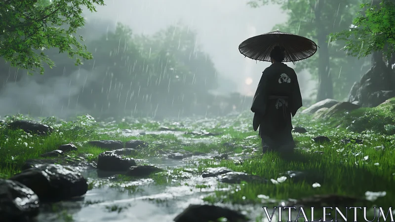Samurai in rain-soaked forest path rendered with depth-of-field lighting