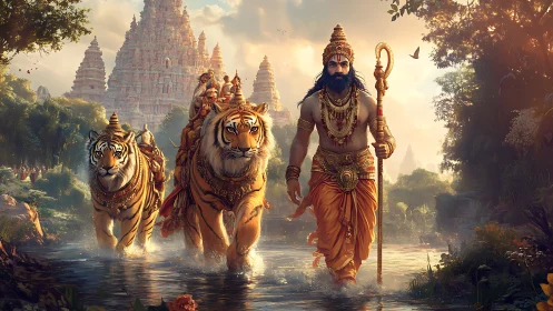 Mythic warrior leading tigers through radiant temple river.