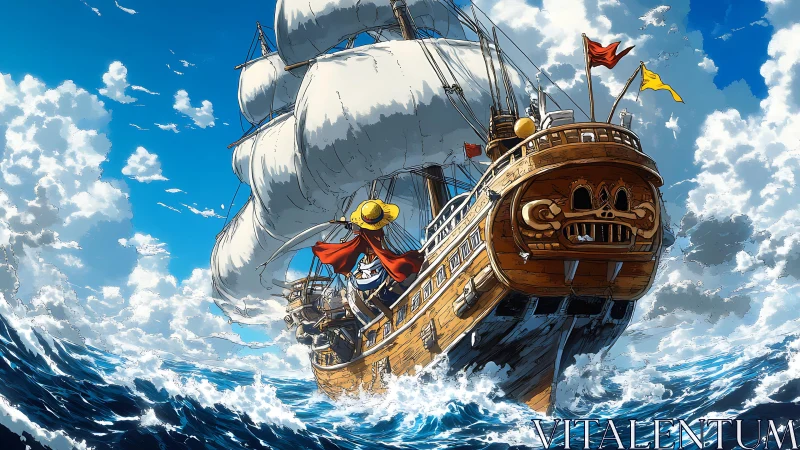 Dramatic low-angle anime galleon cuts dynamically through waves