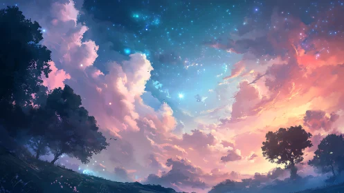 Digital sky landscape with trees, stars, and cloud gradients.