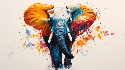 Color-splashed elephant portrait bursts from white background