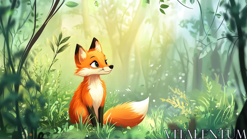 Fox sits in stylized forest under diffuse directional light
