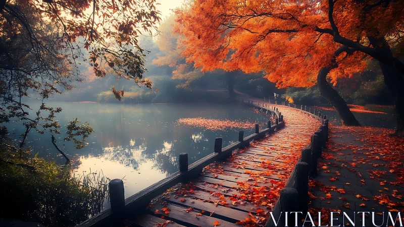 Curved lakeside boardwalk under dense misty autumn foliage glow