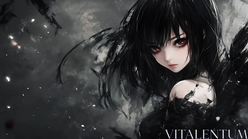 Dark-haired anime girl turns in swirling black feathers.