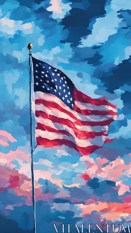 Oil-style American flag waving against vivid sky at dusk.